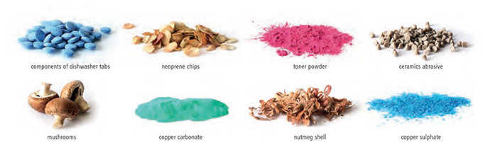 Variedad de colores de polvos y otros materiales transferidos en sistemas de transporte por vacío neumático Volkmann