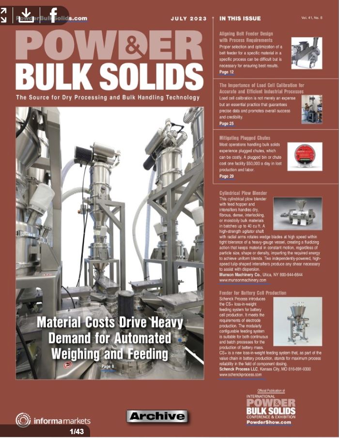 Volkmann aparece en la portada de Powder and Bulk Solids con un artículo sobre el transporte neumático por vacío